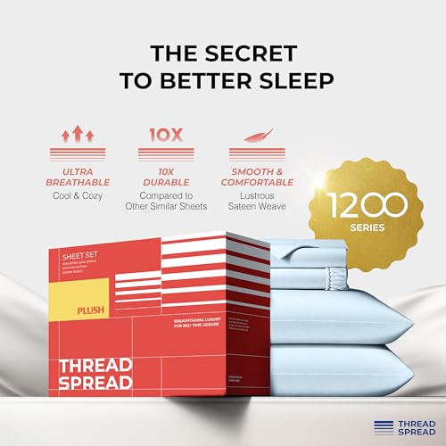 Image of THREAD SPREAD 100% Egyptian Cotton Sheets California King Size - 1200 Series Plush Collection Cal King Size Sheets Set, 4 PC Luxury Bedsheet (Light Blue), Soft, Cooling, 17 inch Deep Pocket Bedsheet Set