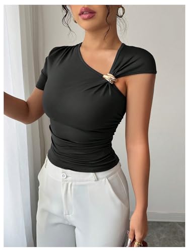 Milumia Women's Metal Asymmetrical Neck Short Sleeve T Shirt Ruched Slim Fit Going Out Tee Tops4