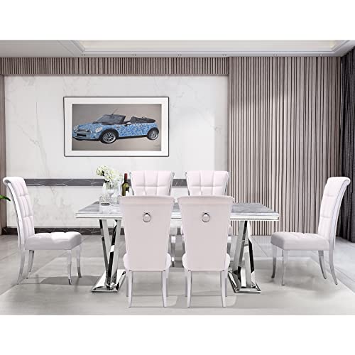 Acedécor White And Silver Dining Table With 6 Chairs, Rectangular Table & 6 Dining Chairs With Metal Back Ring Pull Trim, Silver Metal Legs(1 Table 6 White Chairs) #TOP29