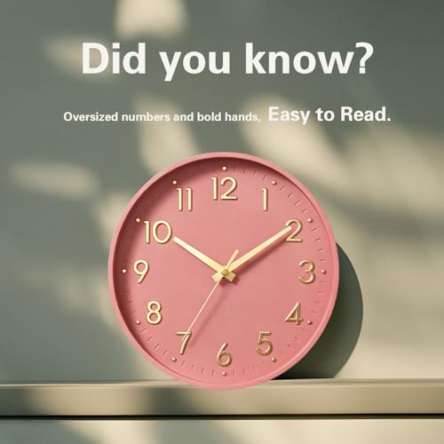 Image of Mosewa Wall Clock 10 Inch, Battery Operated Silent Non-Ticking Modern Analog Clock Decorative for Kitchen, Bedroom, Office, Living Room(Pink Gold)