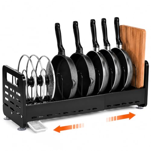 Pots and Pans Organizer Under Cabinet, Expandable Pot Lid Organizer | Adjustable Heavy Duty Rack with Removable Drip Tray, Expands 15.4″–24.8″, Ideal for Kitchen Cabinets and Countertops.