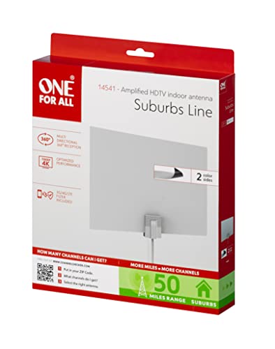 One For All Amplified Hdtv Antenna For 1080P 4K Free Tv Channels, 50 Miles Long Reception Range, External Signal Booster And 10Ft Coax Cable Included, Thin Dual Color Design White/Black, Model 14541 #TOP5