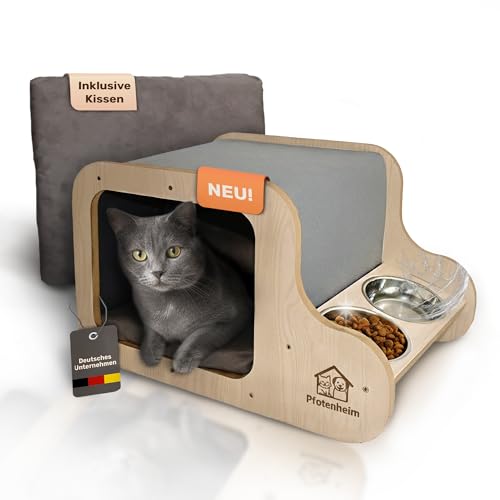 Pfotenheim Katzenhaus mit Katzenbett Katzenhöhle & Katzennapf | Katzenkorb 3-in-1 Kratzmatte mit Katzen-Napfset | Gemütlicher Katzen-Rückzugsort mit Kissen & 2 Näpfen aus Edelstahl