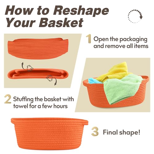 Image of Pro Goleem Small Woven Basket with Gift Bags and Ribbons Durable Baskets for Gifts Empty Small Rope Basket for Storage 12 inchX 8 inch X 5 inch Baby Toy Basket with Handles, Orange