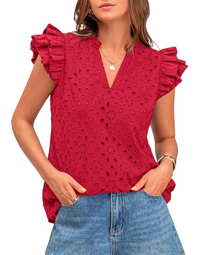 BTFBM Women Summer Eyelet Tops Dressy Casual V Neck Ruffle Cap Sleeve Cotton Boho Shirts Lace Embroidered Blouses 2025