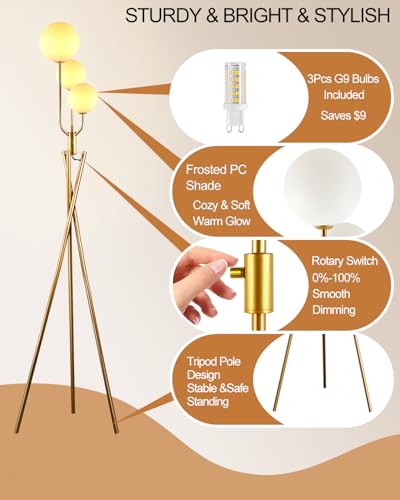 Image of Lightdot Gold Floor Lamp Dimmable Mid Century Tripod Floor Lamp with 3 Pole Lights with 3Pcs 3000K Bulbs Included Tripod Standing Lamps with Stable Base for Living Room /Sofa Beside /Corner Decor