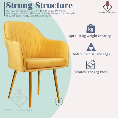 Image of Accent Chair for Living Room| Soft Velvet Fabric Armchair with Multi Colour Leg Options | Modern Chair with Thick Cushion for Home Office restaurent and cafes| 1pc (Golden Legs, Yellow)
