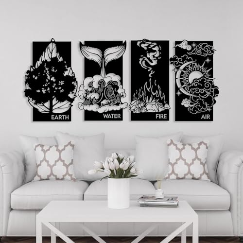 SHIVASHRAY CRAFTS 4-Piece Wooden Wall Art Set – Earth, Water, Fire, Air Elements – Nature-Inspired Wood Wall Decor for Living Room, Bedroom, or Office – Modern Black & White Elemental Panel Art