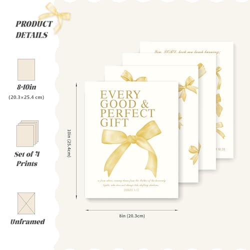 Image of LARTSFRO Coquette Yellow Bow Wall Art Decor Posters, Butter Yellow Bow Room Bedroom Bathroom Dorm Wall Art Decor Aesthetic for College Teen Girls Gifts, Inspirational Bible Verses Bow Wall Decor, 10x8 Inch Set of 4 Pcs Bow Pictures (UNFRAMED)