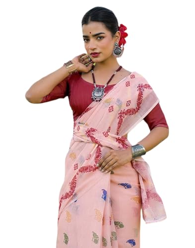 Image of SIRIL Women's Cotton Linen Mekhela Chador Printed Saree with Unstitched Blouse Piece