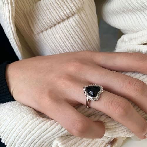 Vintage Black Heart Love Statement Ring for Women Silver Plated Boho Ball Bead Lacy Adjustable Open Wrap Finger Rings Comfort Fit Bohemian Wedding Halloween Accessories Jewelry Gift3