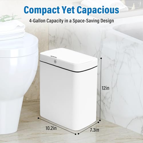 Image of 4 Gallon Touchless Motion Sensor Garbage Can, Bathroom Trash Can with Lid, Small Automatic Trash Can,IPX5 Waterproof,White Plastic WasteBaskets for Bathroom, Bedroom, Toilet, Office, RV