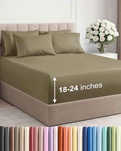 Extra Deep Queen Sheet Set - 6 Piece Breathable and Cooling Sheets - Hotel Luxury Bed Sheets Set - Easy & Secure Fit - Soft, Wrinkle Free and Comfy Sheets Set - Khaki Sheet Set with Extra Deep Pockets