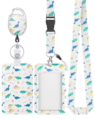 Uniclife Porta Tarjetas plástico de identificación con diseño dinosaurio dibujos animados, mosquetón retráctil y correa cordón desmontable Protector vertical tarjetas mujeres Enfermera Profesora