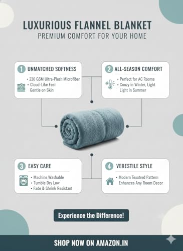 Image of Florida Solid Embossed Flannel Blanket, 320 GSM Ultra-Soft All-Season AC Blanket (Double, Blue)