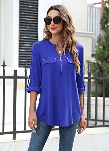 Image of Bulotus 3 /4 Length Sleeve Womens Striped Tops Zipper V Neck Collared Blouses Business Casual Tunics 2026 Spring Trendy