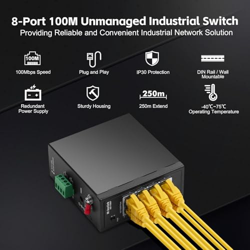 Image of MokerLink 8 Port Industrial Din Rail Switch, 8 x 10 /100Mbps Ethernet Ports, Extend 250M, Metal DIN-Rail & Wall Mount Included