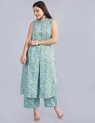 Image of Cotton Printed Front Slit Kurta with Palazzo Set for Women