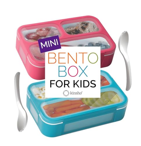 kinsho Snack Container - Small Bento Lunch Box for Kids Girls Boys Toddlers | MINI Leak-proof Boxes, Baby Bentobox for Daycare, Portion Containers, BPA-Free Pink and Blue Set of 2