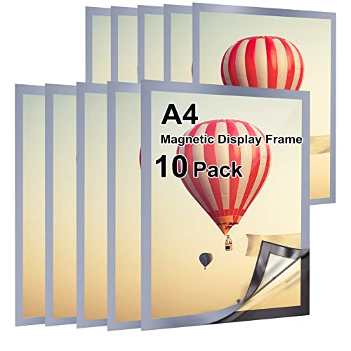 Gocoffun A4 Magnetic Sign Holder, 10 Pack Self Adhesive Magnetic Display Frame, Waterproof Clear Display for Home, School, Store, Notice,Pictrue Display Frame (silver)
