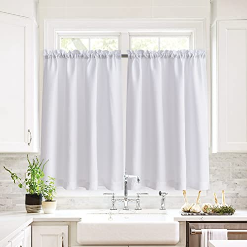 Valea Home Water Repellent Tailored Tier Pair Curtains, Waffle Weave Textured Short Curtains For Bathroom, 72" X 45", White, Set Of 2 #TOP5