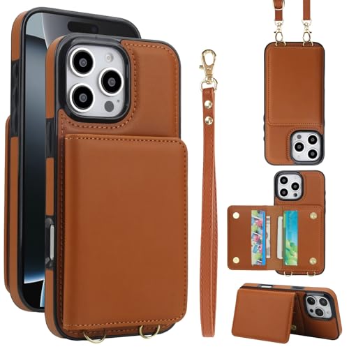 Étui en cuir RFID pour iPhone 14 Plus marron avec sangle en silicone haute finition