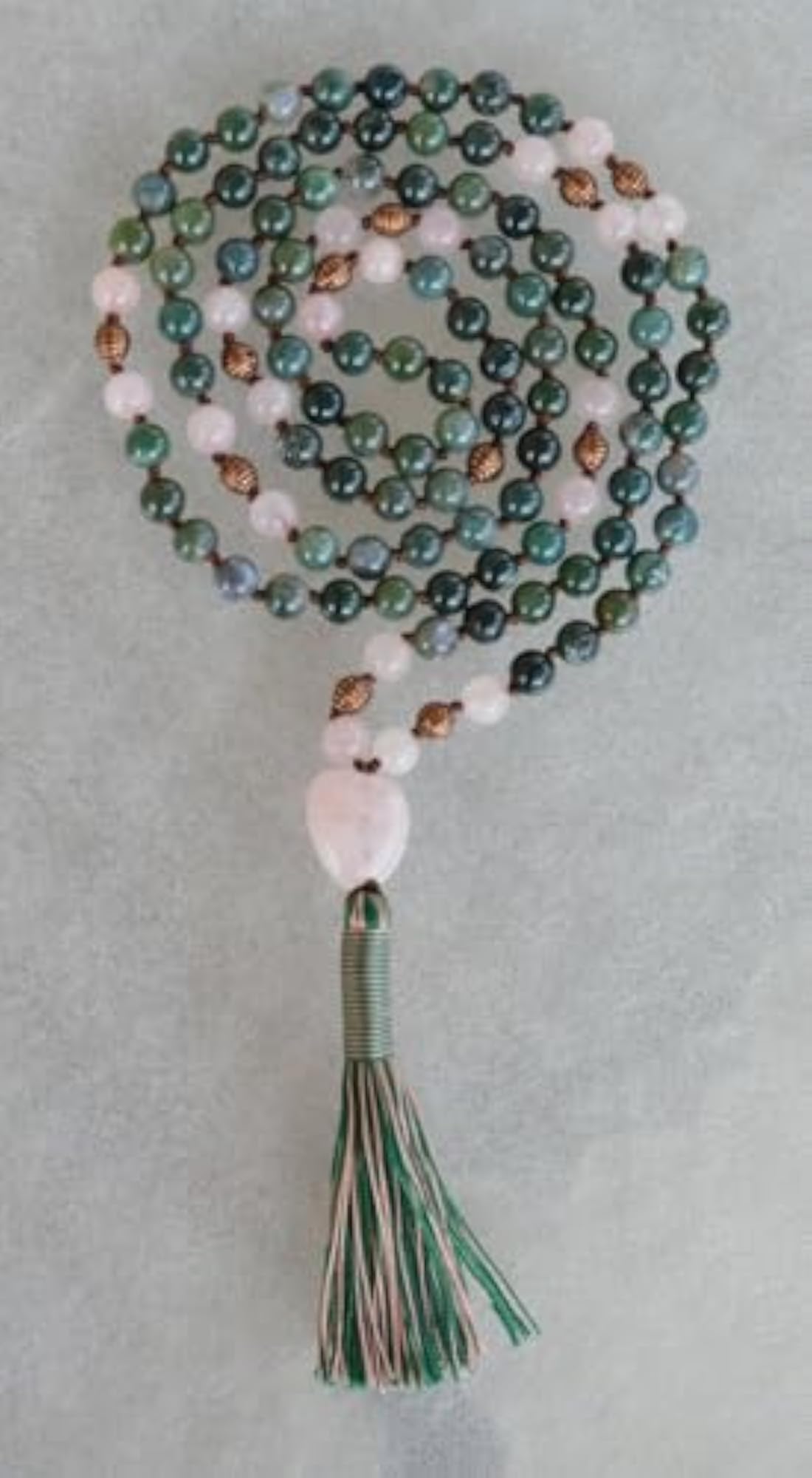 Natural Green Moss Agate & Rose Quartz 6MM Beaded Prayer Mala Necklace