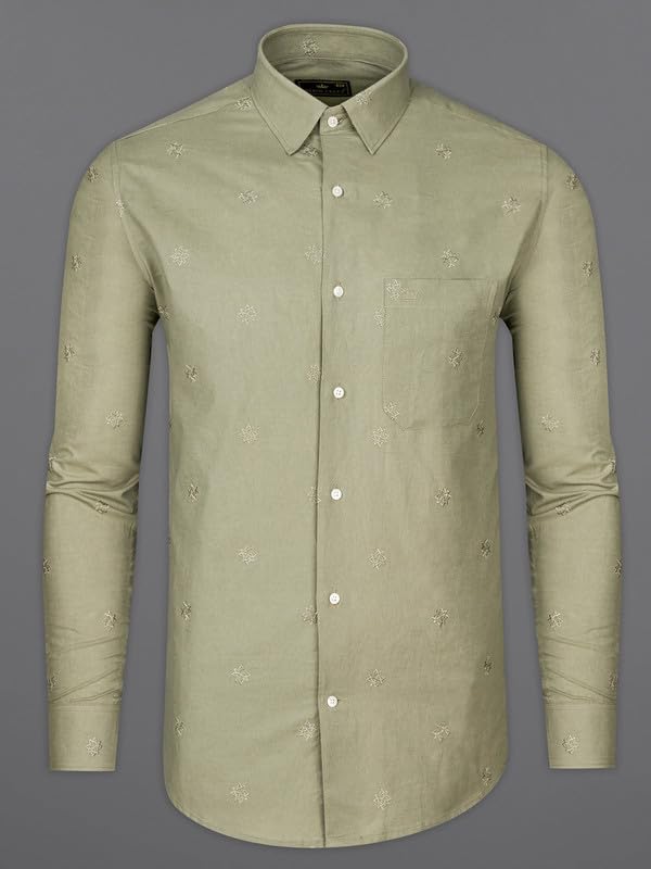 Image of FRENCH CROWN Men's Green Linen Regular Fit Full Sleeves Casual Shirt