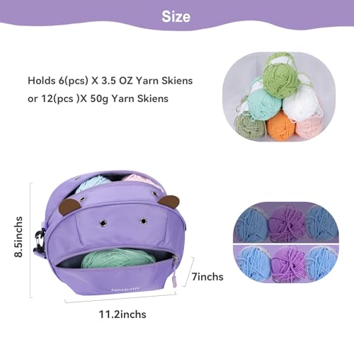Image of Hippo Yarn Storage Bag Organizer for Crochet Portable Knitting Holder with Zipper, Small Craft Project Bag, Cute Crochet Accessories & Gifts for Women (Light Purple)