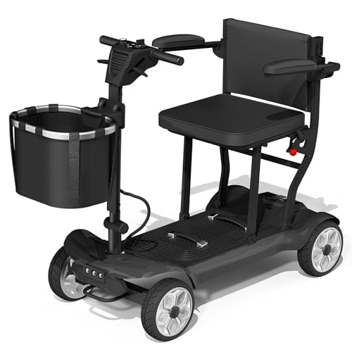 FWFFWF DA-031 4-Wheel Mobility Scooter for Adults/Seniors, One-Click Collapsible, Emergency Brake, Removable Battery & Basket, Seat Storage, Dustproof Cover. - Black