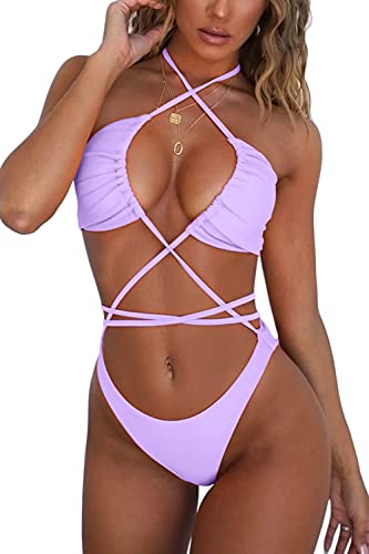 QINSEN Women's Sexy Straps Halter Cross Front High Cut Thong 2 Pieces Bikini Set Swimsuit (S, Light Purple)
