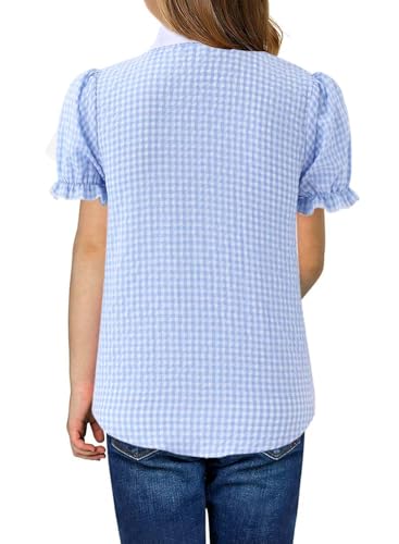 Image of Girls Short Sleeve Button Down Shirts Ruffle School Uniform Crop Tops Peter Pan Collar Plaid Blouse 4-13Y
