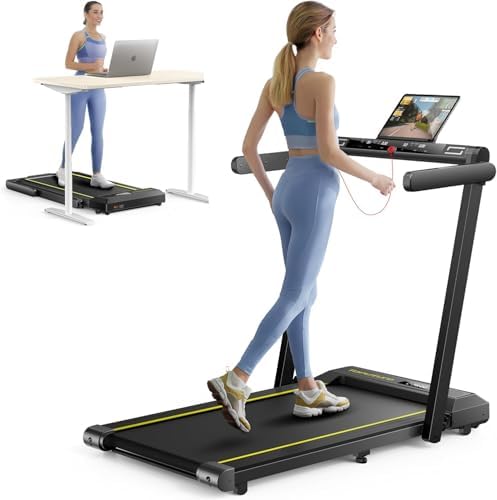 TOPUTURE Folding Treadmill, 2 in 1 Foldable Under Desk Treadmills for Home/Office, 2.5HP Dual LED Screen, Large Running Area,10MPH, Heart Rate, Bluetooth Speaker, App & Remote Control