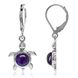 Silvershake Cabochon Amethyst White Gold Plated 925 Sterling Silver Turtle Leverback Dangle Earrings
