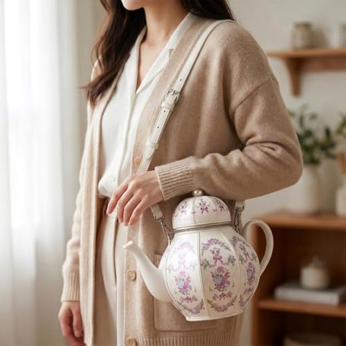 Women PU Leather Floral Handbag Crossbody Shoulder Bag Pearl Chain Valentine Purse for Girls with teapot Ornament White - image 2