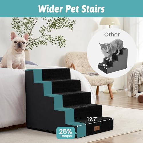 Image of COZY KISS Dog Stairs for Small Dogs 5-Step, 19.7 inch Extra Wide Right-Angle Pet Stairs for Couch and Beds, Anti-Slip Dog Steps for Old Cats and Lowrider, 19.7x29.5x23.6 inch, Black