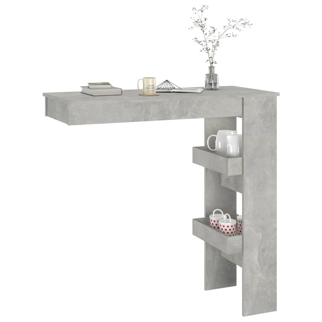 Ścienny stół barowy, szary betonowy, 102 x 45 x 103,5 cm, materiał drewnopochodny z 2 schowkami – stylowy stół dla gości i wytrzymały stół do salonu na napoje i akcesoria barowe