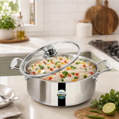 Image of NOLTA 3.5L Triply Biryani Pot, Induction Base, 5yr Warranty, ISI Certified | Heavy Bottom, 100% Food Safe, Consumes Less Oil, Biriyani Handi / Curry / Stew Pot with Glass Lid (24cm dia)