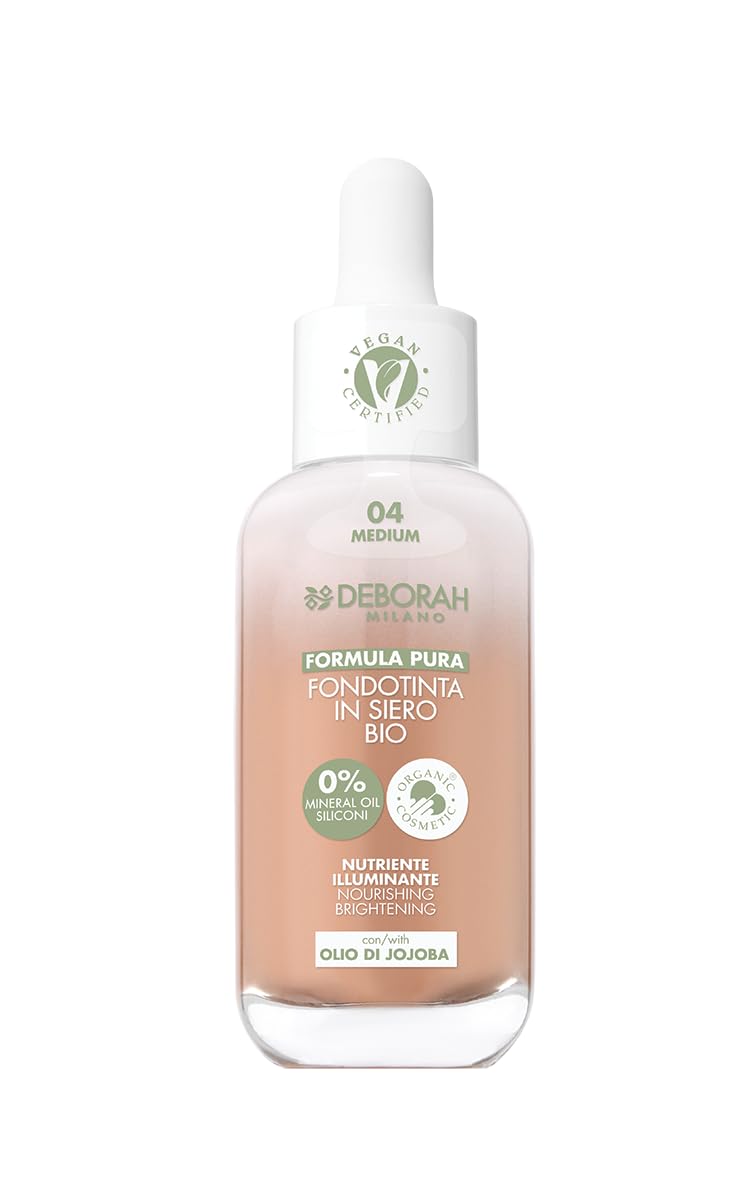 Deborah Milano - Fondotinta in Siero Biologico Formula Pura SPF 20, n.04 Medium, con Olio di Jojoba e Mix di Oli Biologici, Finish Luminoso, Texture Fluida e Leggera, Effetto No-​MakeUp, 30 ml