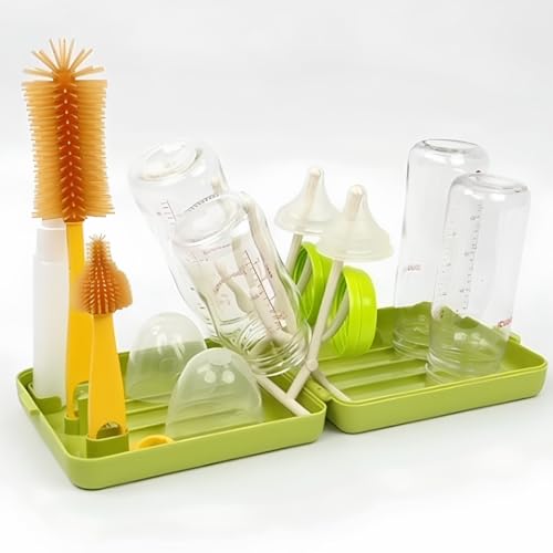 Image of MOMMED Travel Bottle Brush, 6 in 1 Travel Bottle Cleaner Kit with Silicone Bottle Brush/Nipple Brush/Straw Brush/Soap Dispenser/Storage/Bottle Drying Rack,Portable Baby Essentials Kit for Travel Green