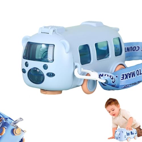 Ayrohk Portable Water Cup in Bus Shape, Cute Bus Water Bottle with Straw, 17oz/ 500ml Leak-Proof Drinking Bottle, For Sports Travel (Blue)
