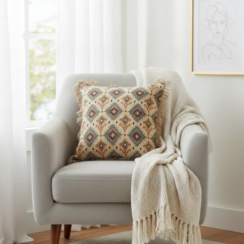 Image of Cotton Cushion Covers 16x16 Inch | Set of 2 | Handwoven Printed Brown Decorative Square Cushion Case with Fringe | Sofa, Living Room, Bedroom, Diwan Home Decor Throw Cushion Cover
