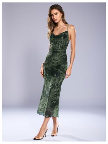 Image of SOLY HUX Women's Floral Mesh Bodycon Cami Dress Cowl Neck Sleeveless Cocktail Party Wedding Guest Long Maxi Dresses
