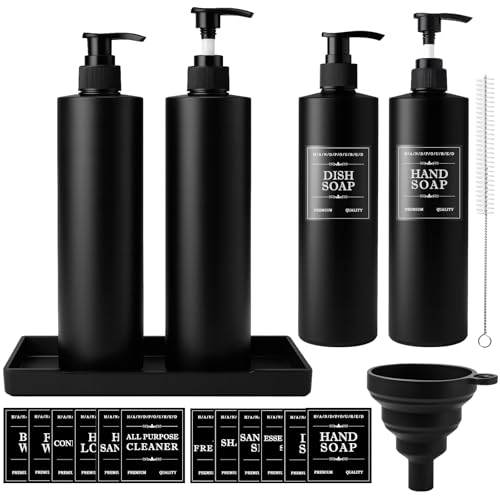 Maxumille 4 STK Seifenspender Schwarz Matt 500ml mit Tablett Etiketten, Shampoo Flaschen zum Befüllen Kunststoff Wiederverwendbar, Leere Pumpflasche Lotionspender für Flüssigseife Duschgel für Dusche
