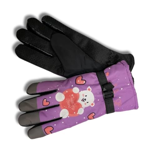 Purple Anti-Slip Warm Gloves – Cartoon Bear Print Winter Gloves for Girls