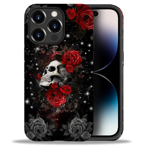 yicomon Compatible with iPhone 14 Pro Max Case，Skull Red Rose Pattern Print Matte Phone Case Durable Fashion Funny Liquid Silicone Case Soft Anti-Scratch Shockproof Protective Cover