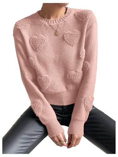 SweatyRocks Women's Cute Heart Sweater Crewneck Long Sleeve Knitted Pullover Tops4