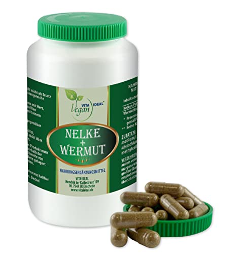 VITA IDEAL Vegan® Gewürz NELKE + WERMUTKRAUT 120 KAPSELN - Artemisia absinthium - Tagesportion 700mg GEWÜRZNELKE + WERMUT - KRAUT reines Pulver. Natürlich, pflanzlich & ohne Zusatzstoffe.