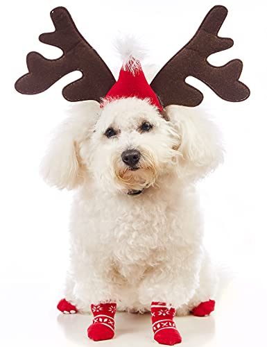 Coomour Weihnachtshut mit Rentier-Geweih und Haustier, Weihnachtsmotiv, Schneeflocke, Socke, Katze, klassische Elch, Kopfbedeckung, Zubehör (Medium) Cover