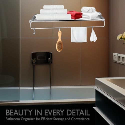 Image of Zureni Folding Towel Rack for Bathroom with Multipurpose Hooks Wall Mount Hanger Bar Shelf Accessories and Fittings Stand Home Washroom Kitchen (Pack of 1, Silver, Square Rod)
